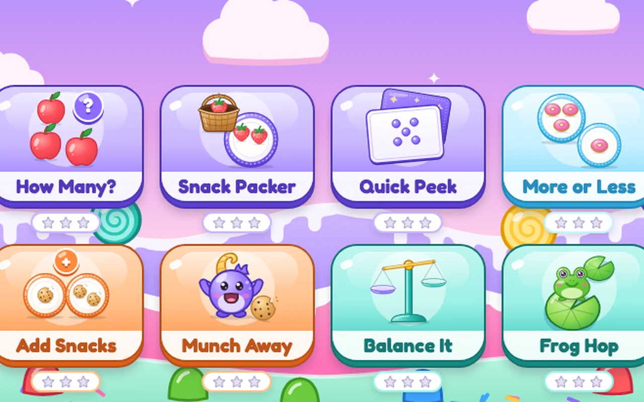Count & Munch: the game picker with How Many?, Snack Packer, Quick Peek, More or Less and four more games